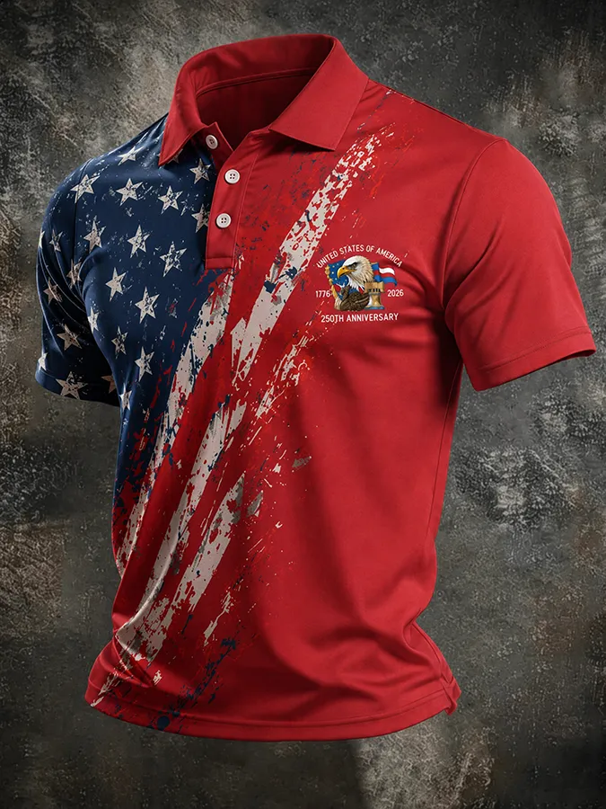 Men'S American Flag Print Casual Polo Shirt