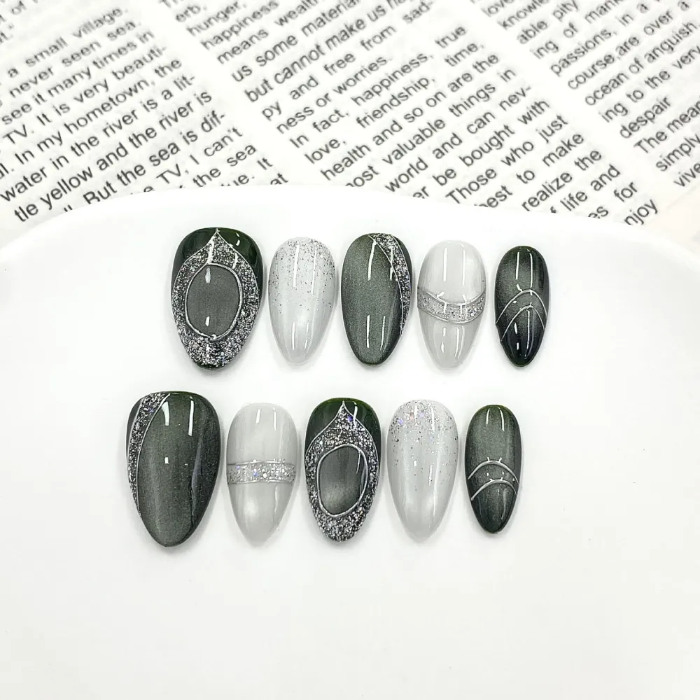 Nailhour 10Pcs Cat Eye Medium Almond French Press On Nails