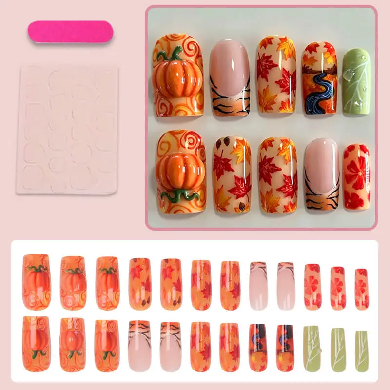 Nailhour 24Pcs Autumn 3D Vintage French Medium Square Press On Nails