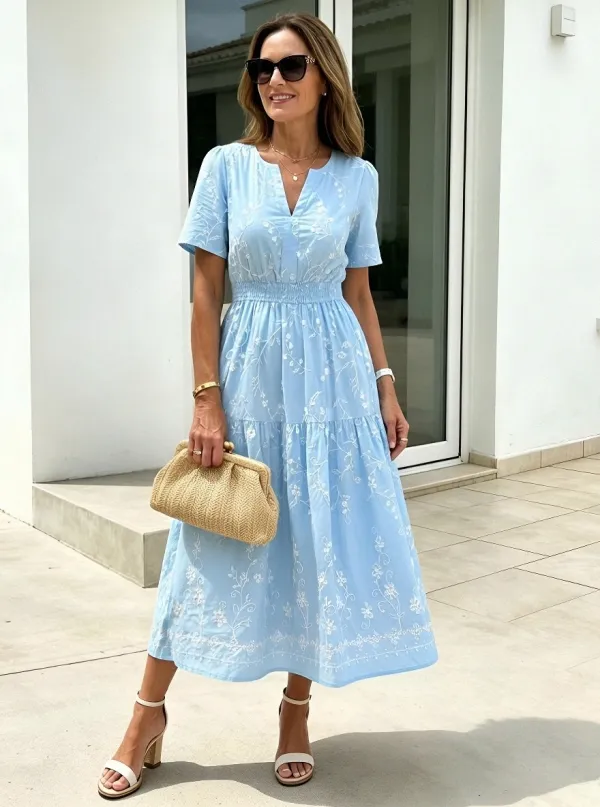 Women's Summer Vacation White Floral Green Printed Midi Dress