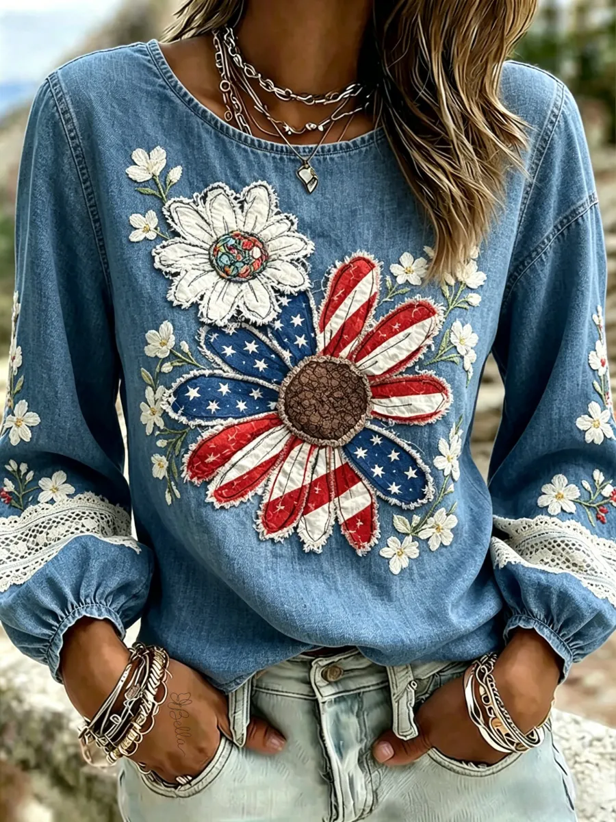 Women's 250 Years Of Freedom Flower Art Print round neck top