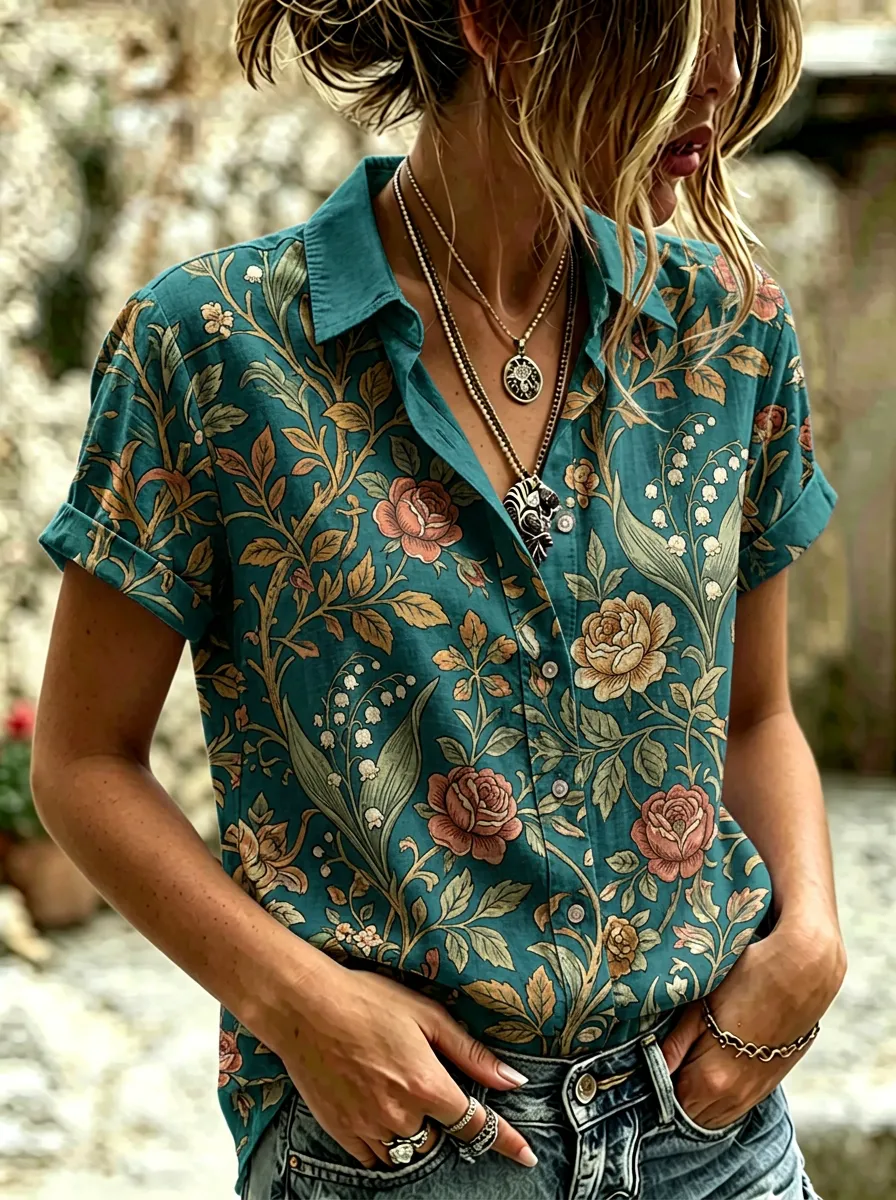Women's Floral Vintage Rose Lily Botanical Printed Short Sleeve Shirt