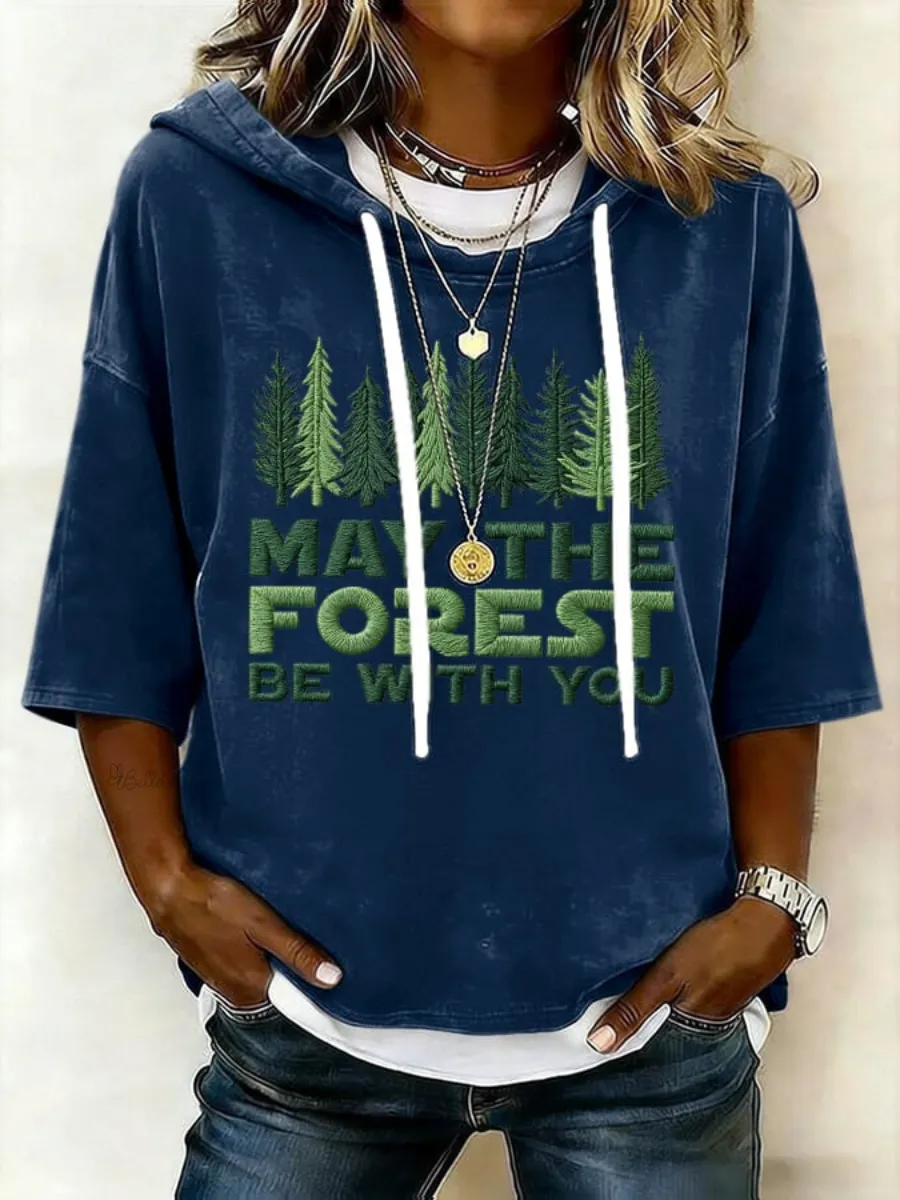 Women's Retro May The Forest Be With You Print Short-Sleeve Hoodie