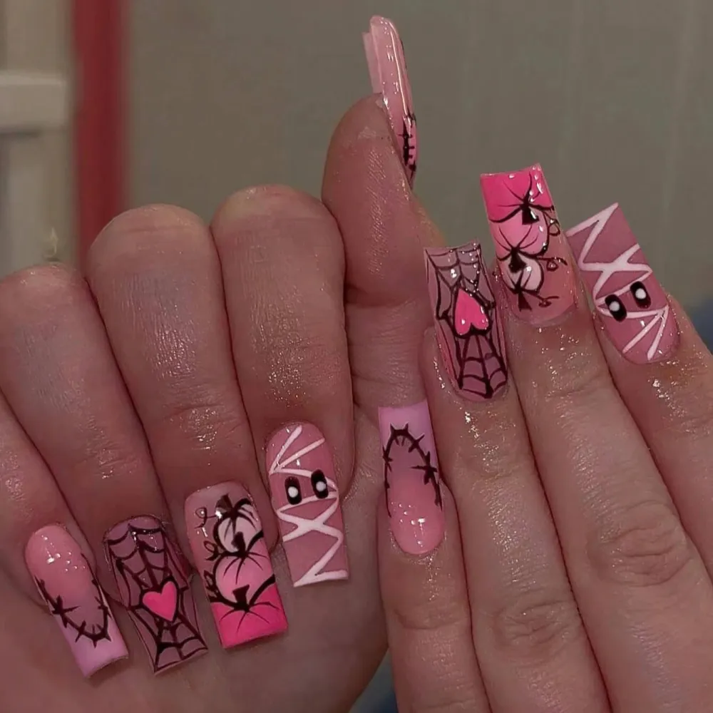 Nailhour 24Pcs Pink Halloween Medium Square Press On Nails