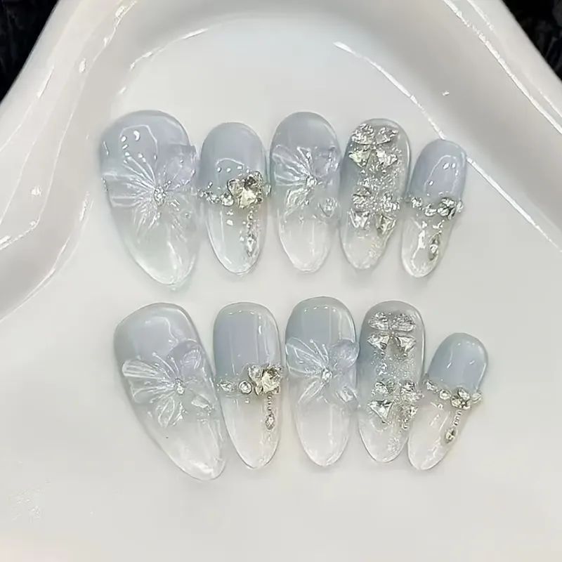 Nailhour 10Pcs Blue 3D Floral Glitter Medium Almond Press On Nails