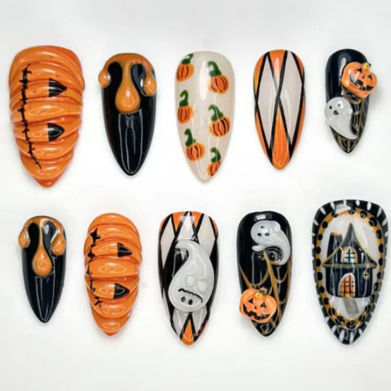 Nailhour 24Pcs Funny Pumpkin 3D Ghost Halloween Medium Almond Press On Nails