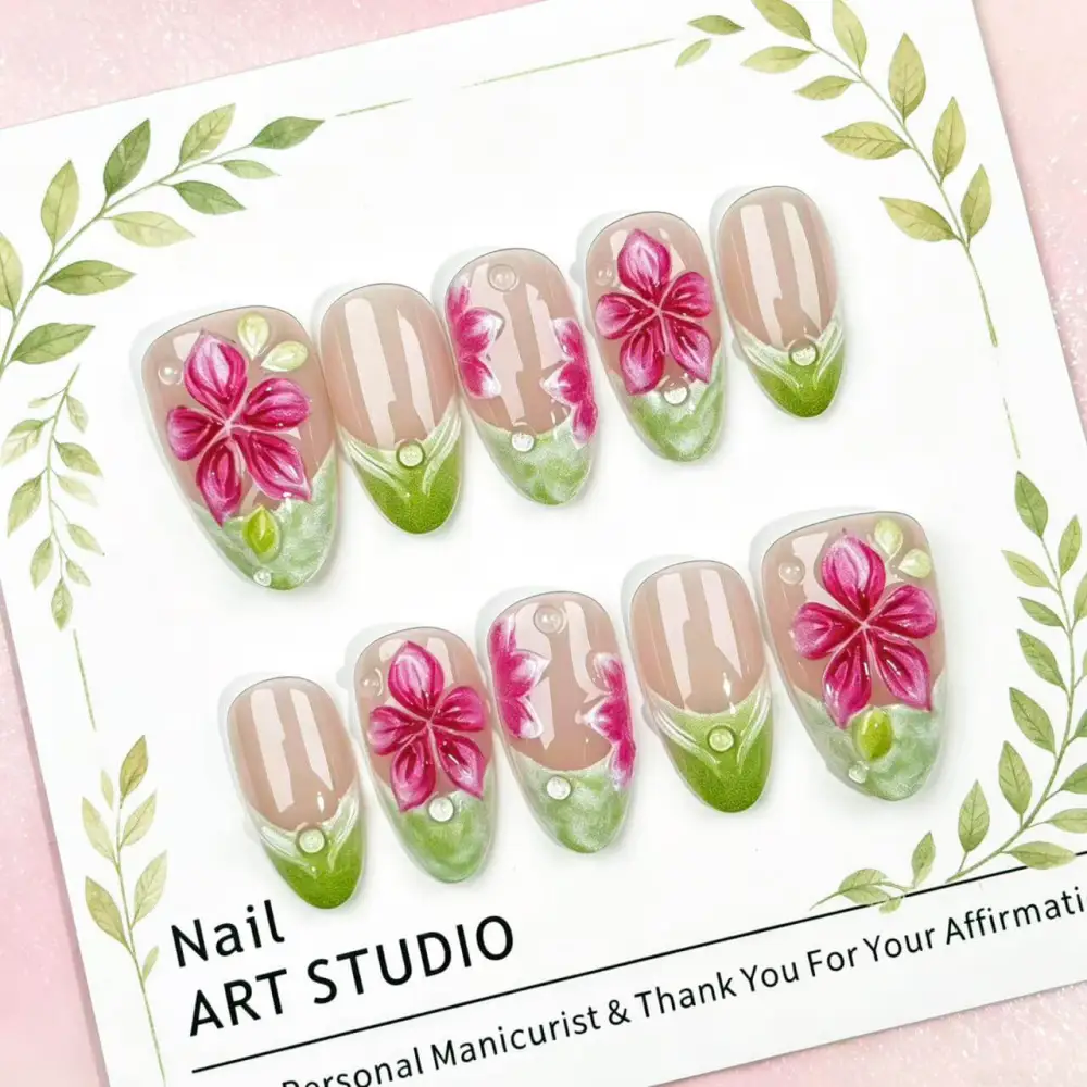 Nailhour 30Pcs 3D French Floral Resin Medium Almond Press On Nails