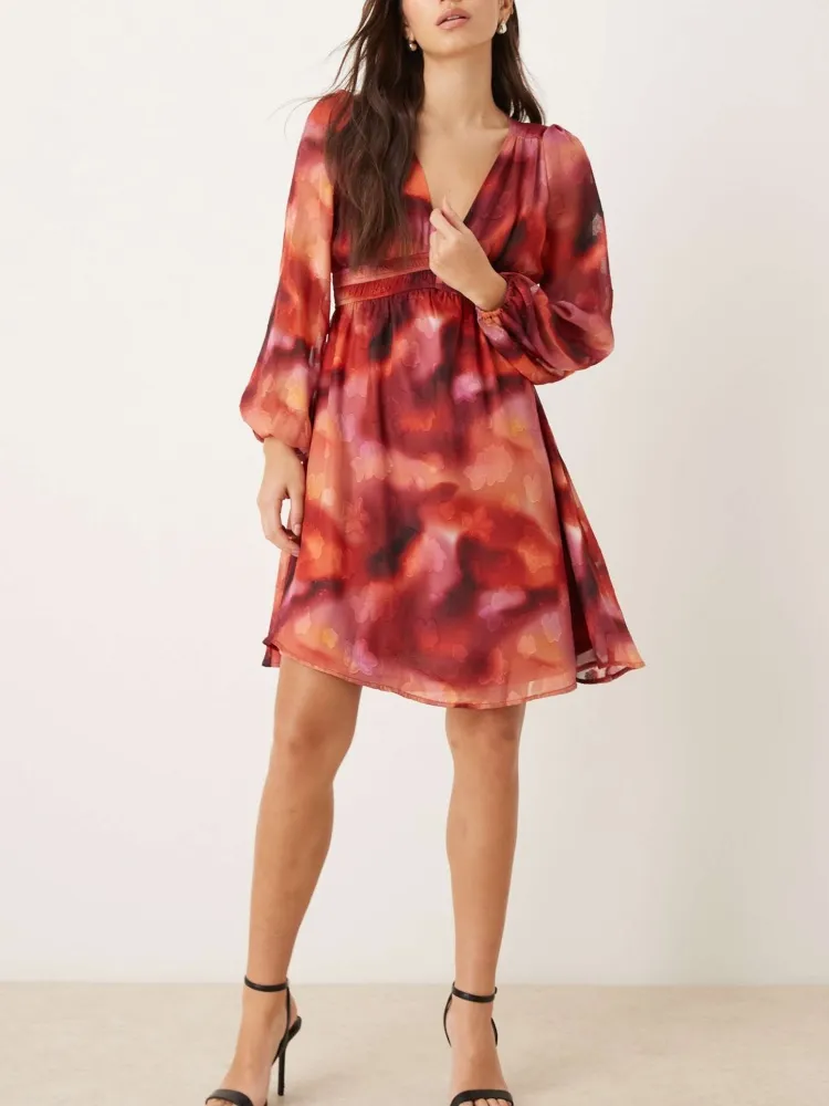 Printed V Neck  Long Sleeve Dress