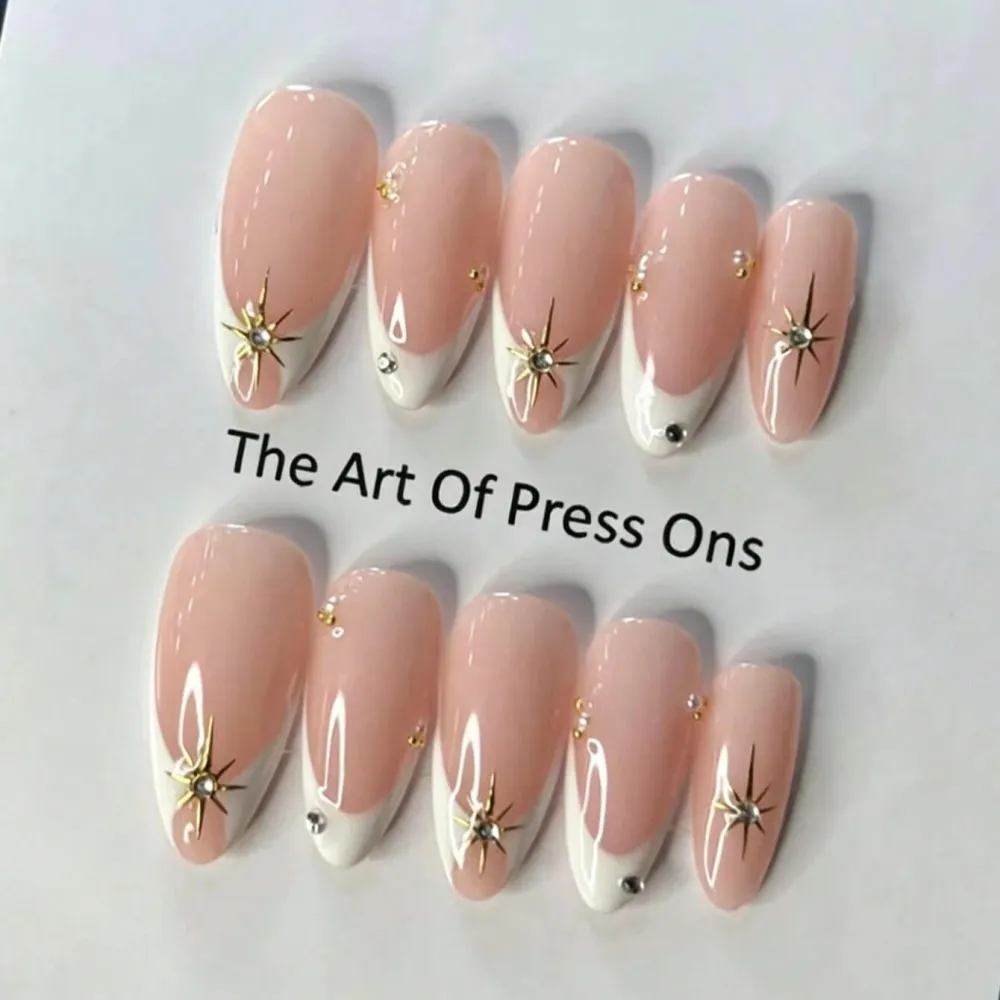 Nailhour 10Pcs Handmade French Medium Almond 3D Steel Beads Press On Nails