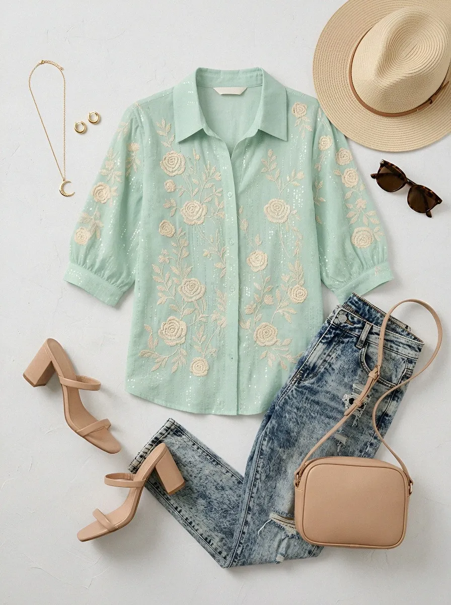 Women's Breast Cancer Awareness Rose Floral Embroidered Printed Shirt