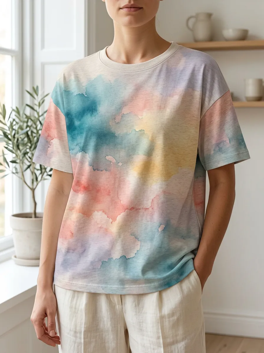 Women's Pastel Watercolor Cloud Printed Crewneck T-shirt