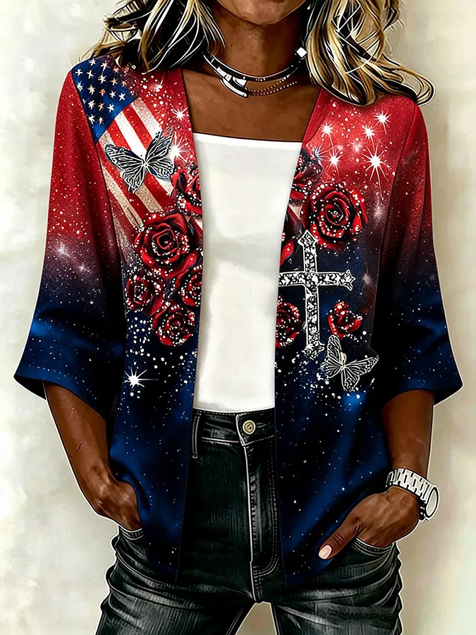 Women'S Casual Loose Independence Day Patriotic Cardigan