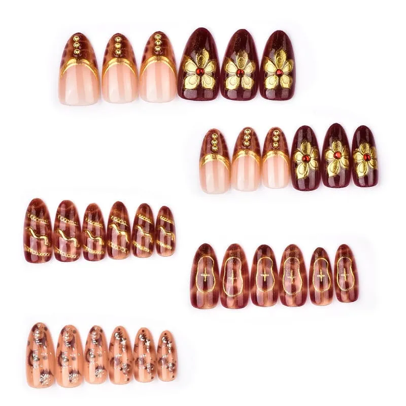 Nailhour 30Pcs Autumn/Winter Floral 3D Medium Almond French Press On Nails