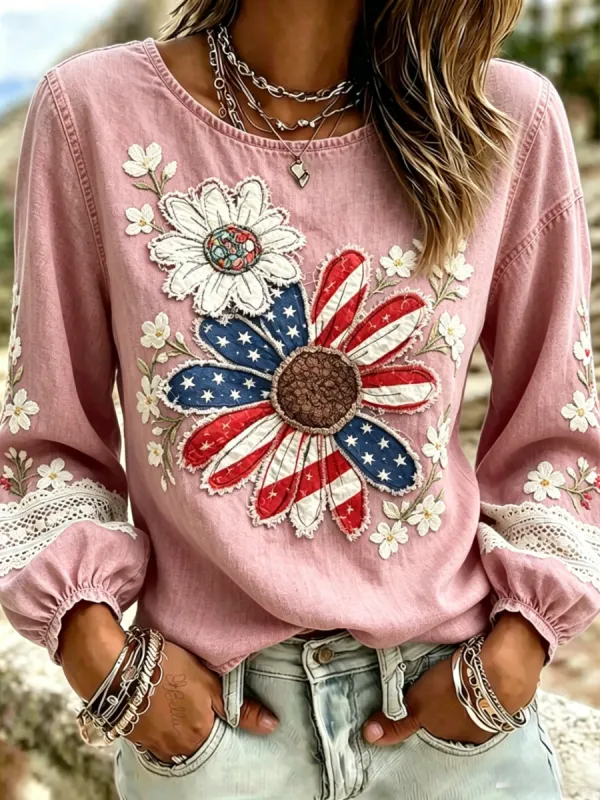 Women's 250 Years Of Freedom Flower Art Print round neck top