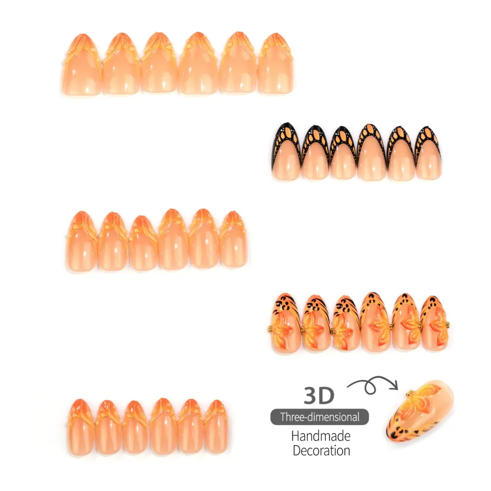 Nailhour 30Pcs Orange Leopard Print 3D Medium Almond French Press On Nails