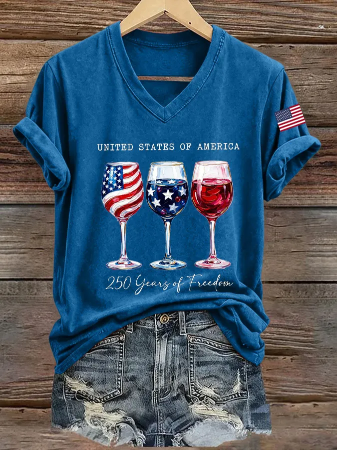 Women's retro flag cross print V-neck short sleeved T-shirt