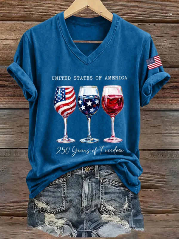 Women's retro flag cross print V-neck short sleeved T-shirt