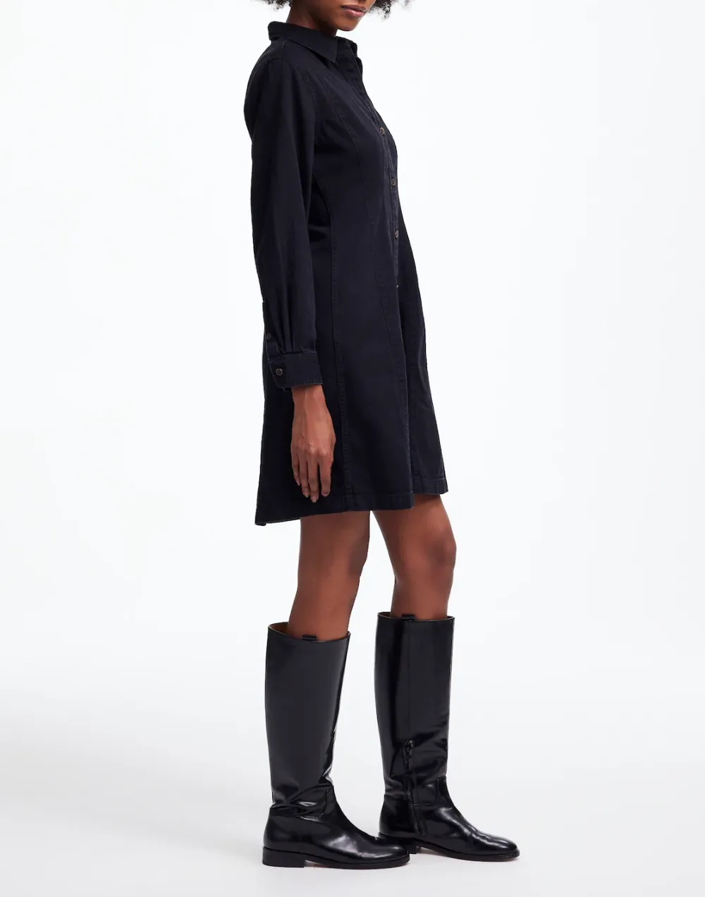 Denim Seamed Mini Dress In Washed Black