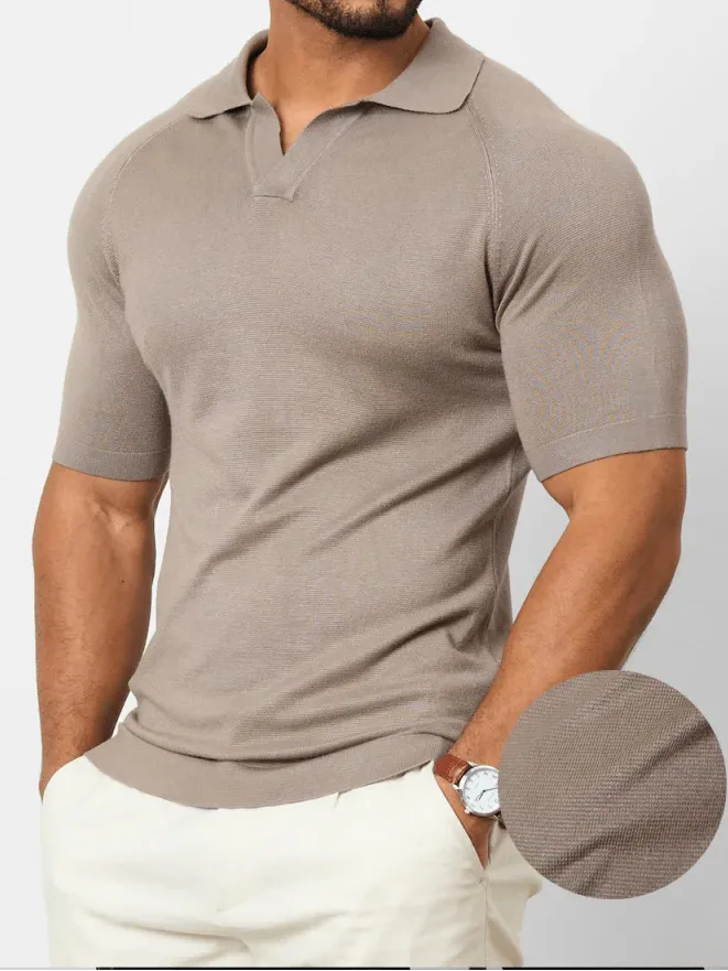 Muted Gray Textured Open Collar Knitted Polo Shirt