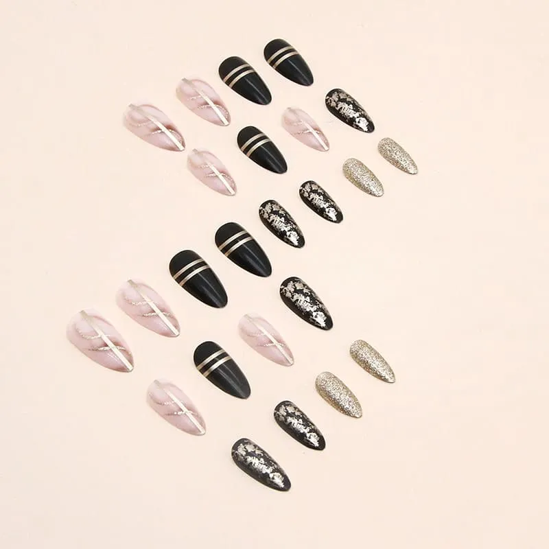 Nailhour 24Pcs Dark Medium Almond Gilded Press On Nails