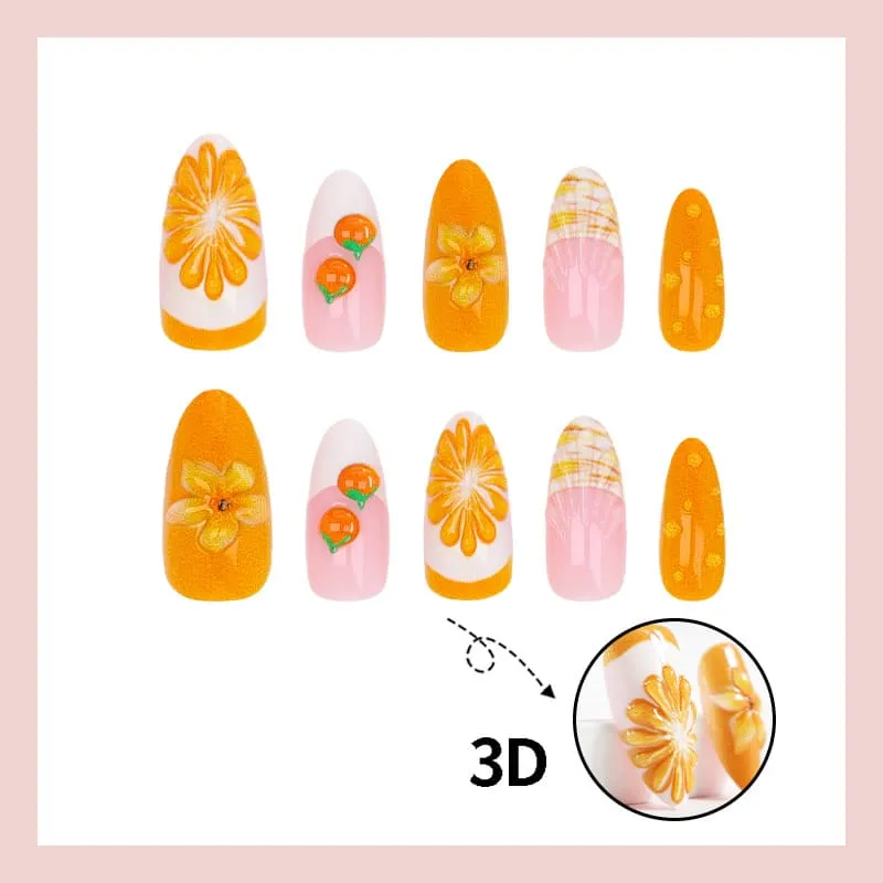 Nailhour 30Pcs Orange 3D Gradient Medium Almond French Press On Nails