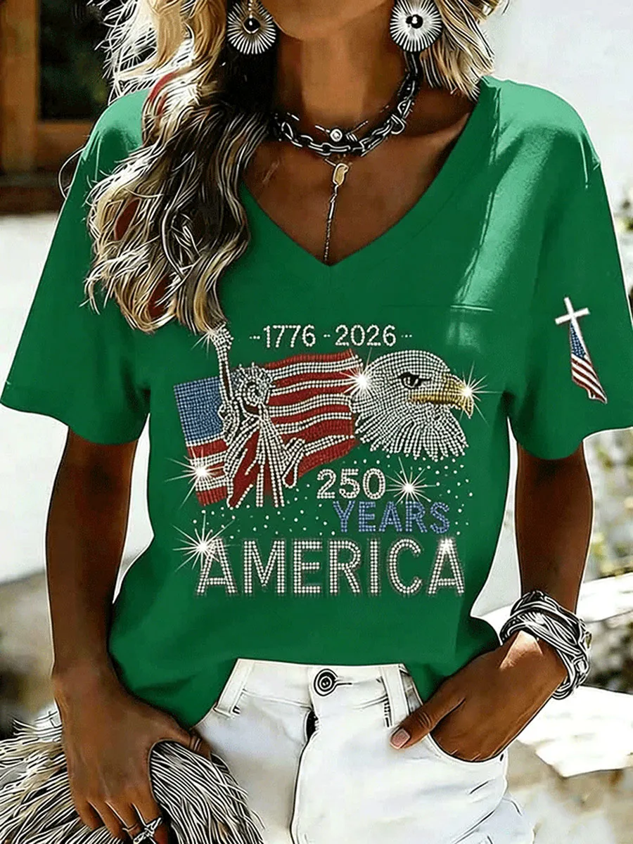 Ladies' American Flag Printed Casual Long Sleeve V-neck T-shirt