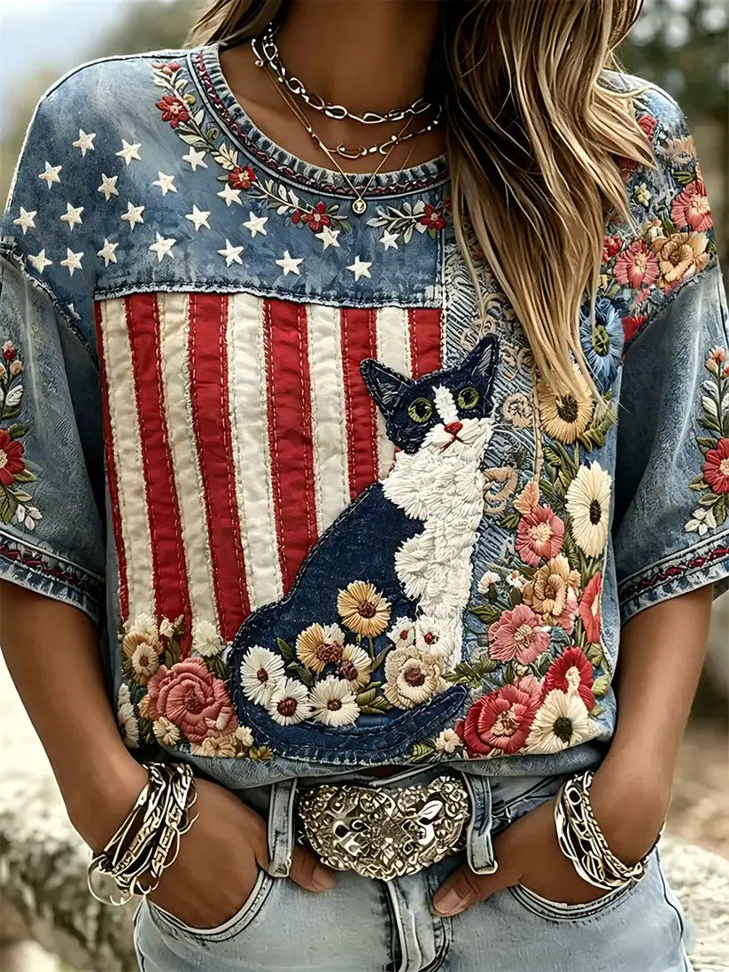 Women'S Casual Independence Day Animal Cat Casual T-Shirt