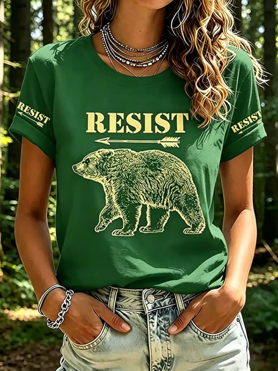 Women's Resist Bear Print Retro Short-Sleeve T-Shirt