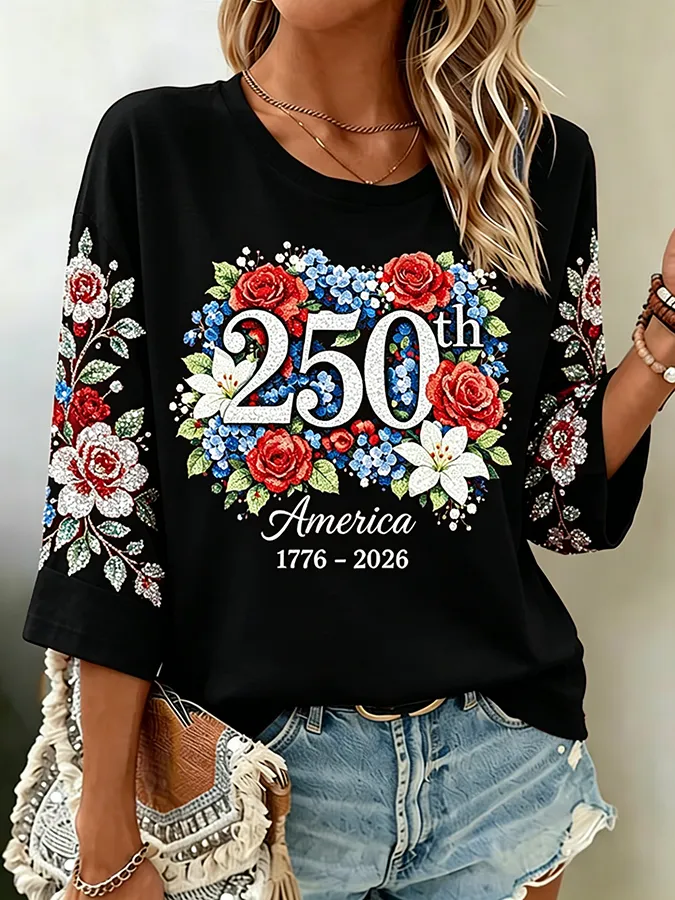 Women's America 250th Floral Glitter Print Casual Top