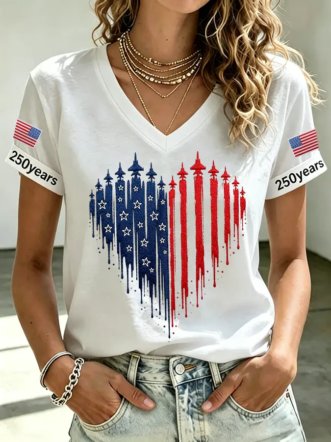 Women's American Flag Heart Print V Neck T-shirt