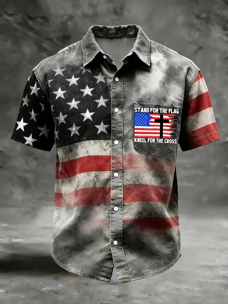 Men's America's 250th Anniversary Stand For The Flag Kneel For The Cross Faith Christian Cross Printed Shirt