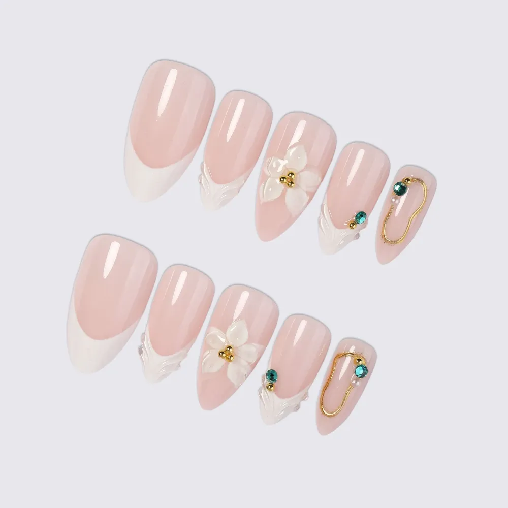 Nailhour 24Pcs Nude Pink 3D Medium Almond French Press On Nails
