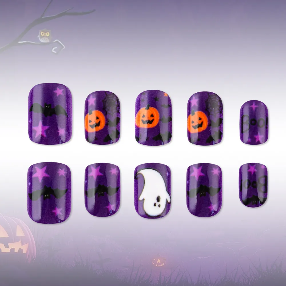 Nailhour 24Pcs Purple Square Pumpkin Ghost Halloween Press On Nails