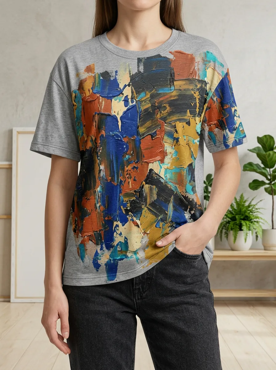 Women's Layered Abstract Art Lover Oil Painting Crew Neck T-Shirt