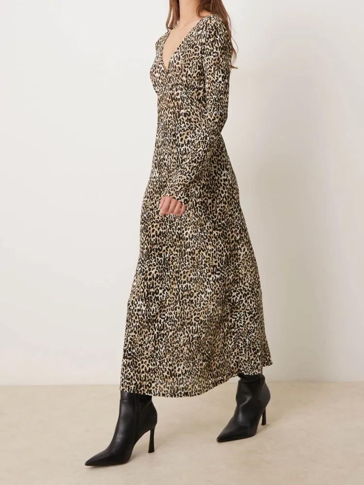 Leopard V-Neck Long Sleeve Dress