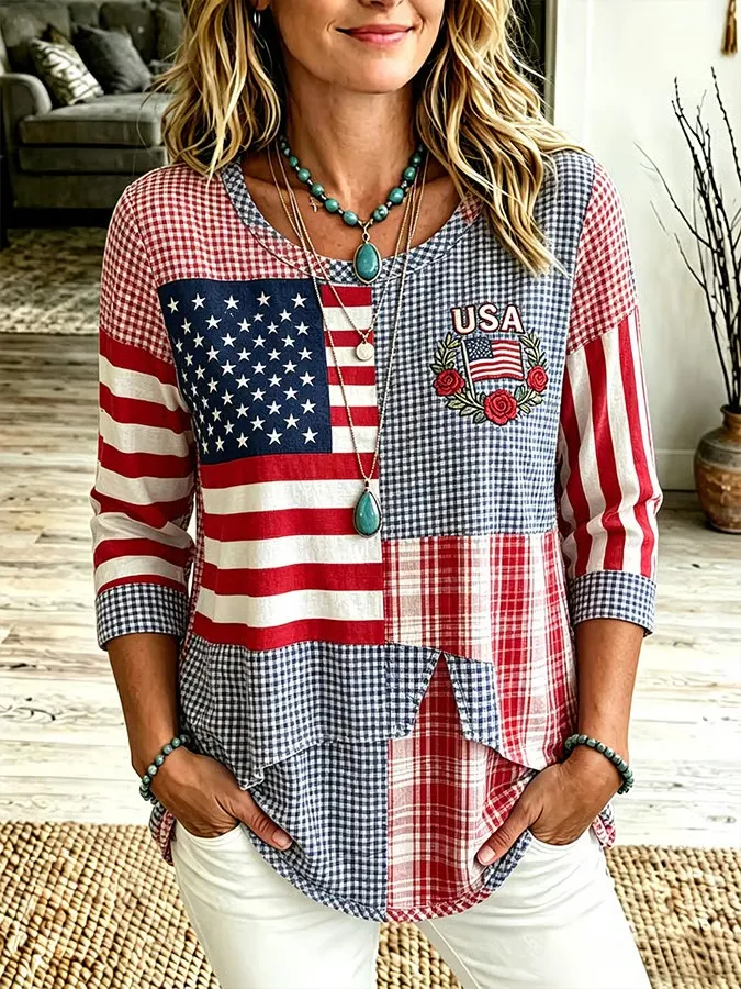 Women'S Cotton And Hemp Flag US Independence Day Printed Top
