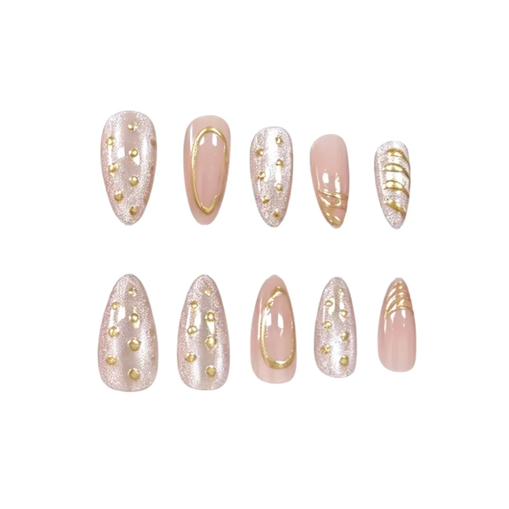 Nailhour 24Pcs Cat Eye Gilded French 3D Medium Almond Press On Nails