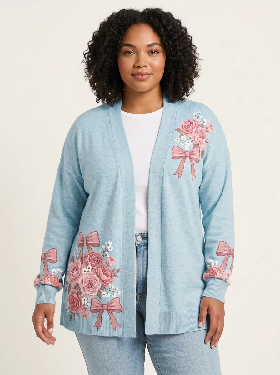 Women's Breast Cancer Awareness Pink Rose Bow Printed Cardigan