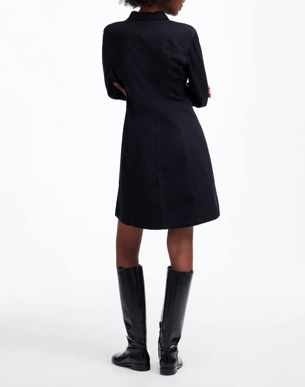 Denim Seamed Mini Dress In Washed Black