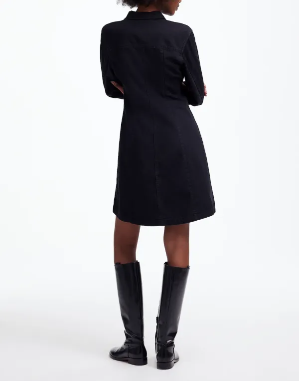 Denim Seamed Mini Dress In Washed Black