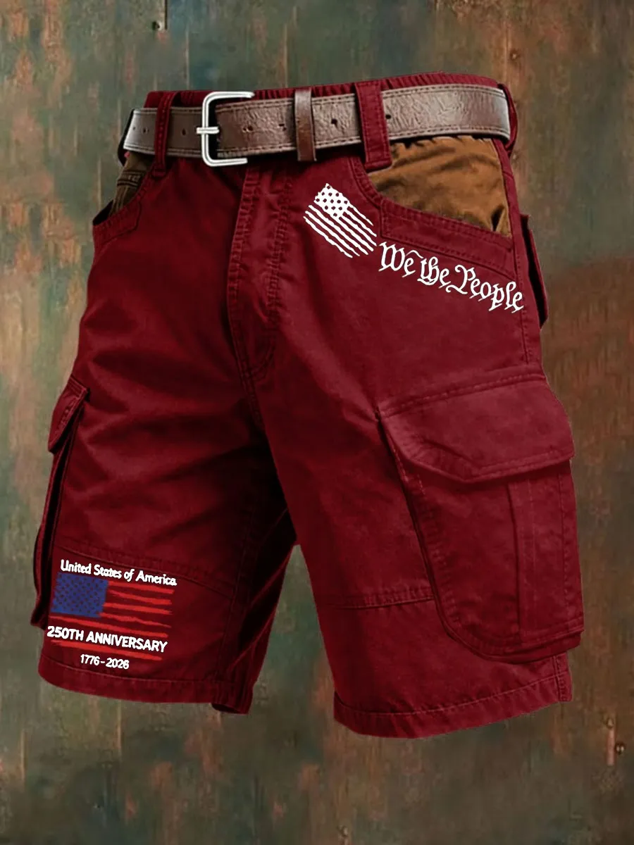 Men's Retro Flag Cross Multi-Pocket Print Cargo Shorts