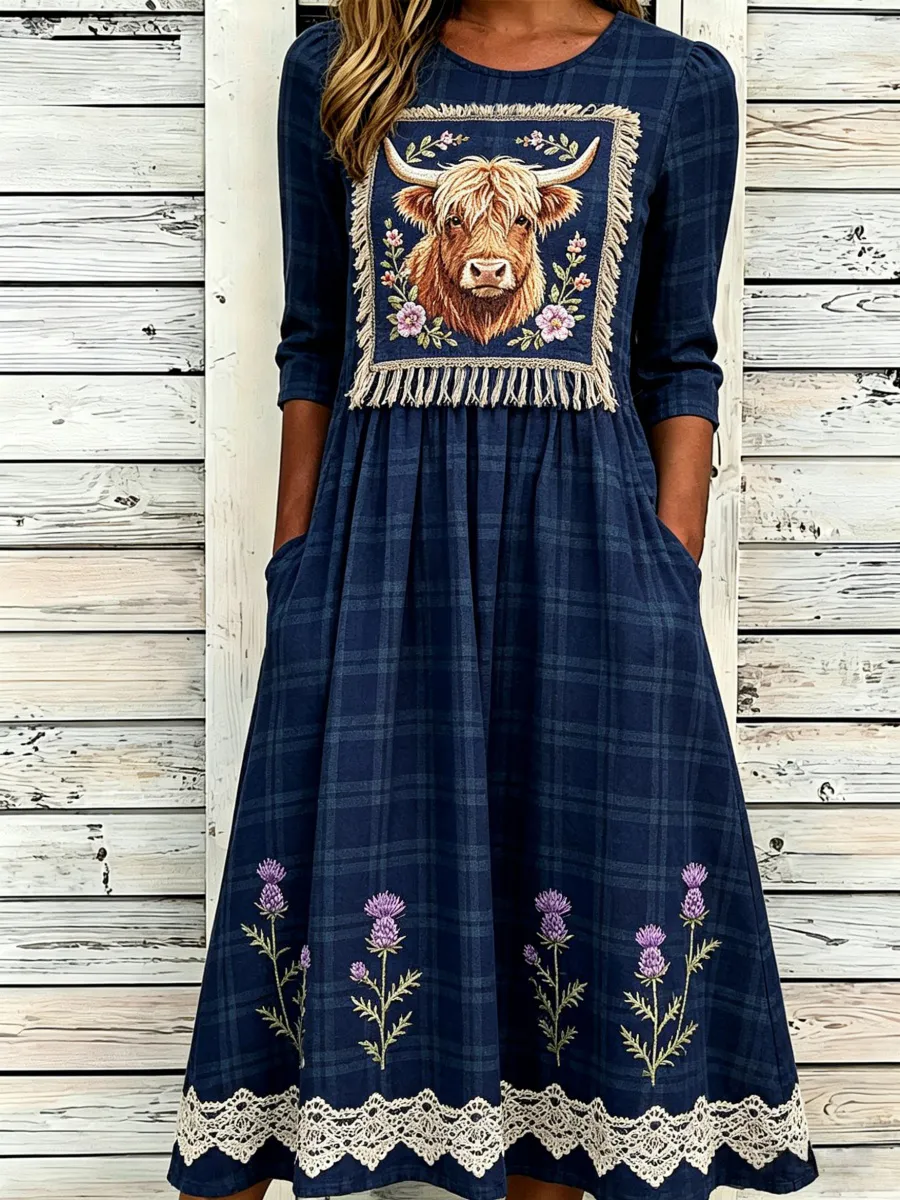 Vintage Scottish Highland Cow Print Women's Cotton-Linen Maxi Dress