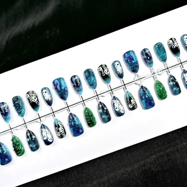 Nailhour 30Pcs Halloween Cat Eye 3D Medium Almond Press On Nails