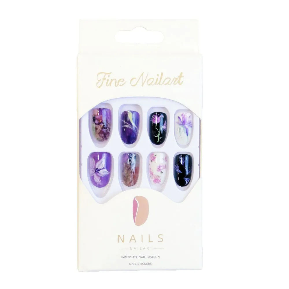 Nailhour 30pcs Short Oval Purple Floral Press On Nails