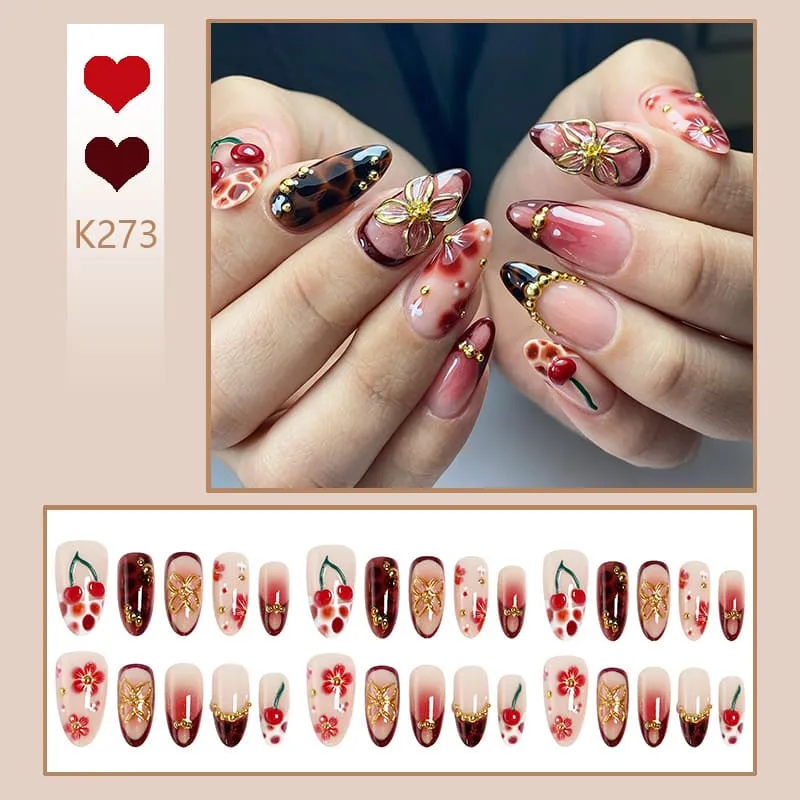 Nailhour 30Pcs Gilded Cherry Medium Almond French Press On Nails