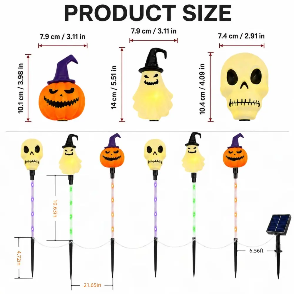 6pcs Halloween Solar Path Lights - Outdoor Ghost, Skeleton & Pumpkin Stake Lights with 8 Modes