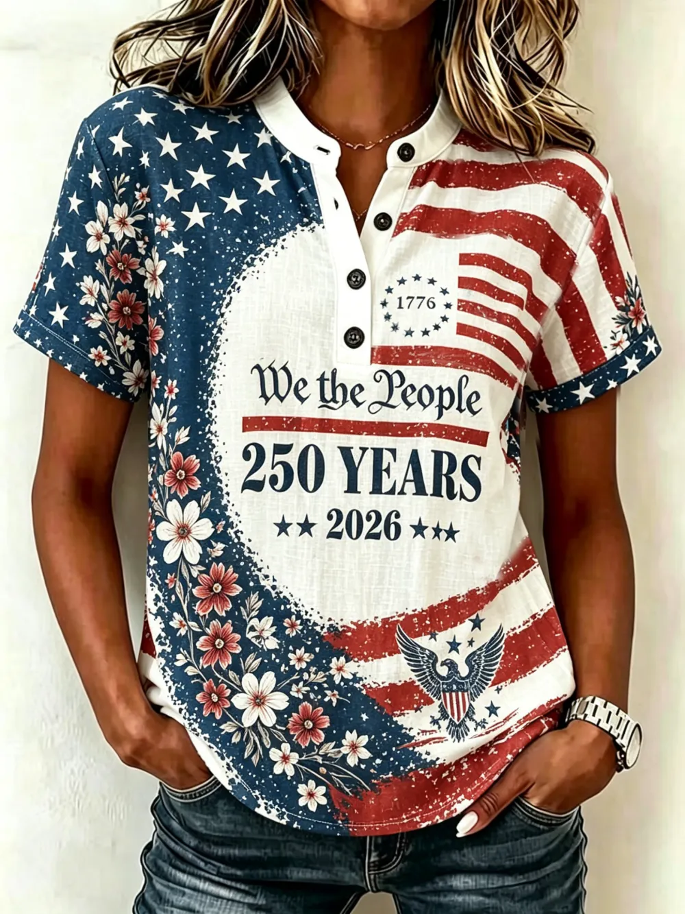 Ladies' Leisure 250Th Anniversary National Day Celebration Personalized Printed Henry Top
