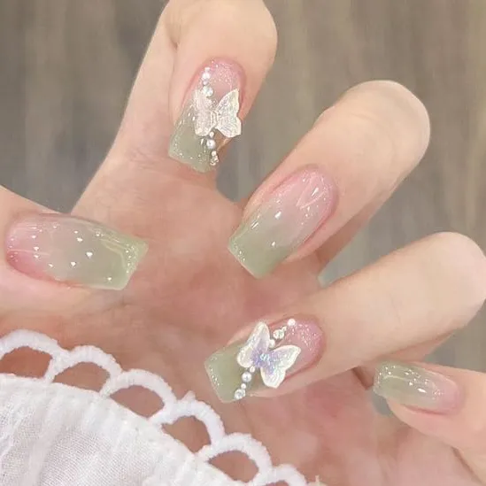 Nailhour 24Pcs 3D Rhinestone Gradient French Green Bow Short Square Press On Nails