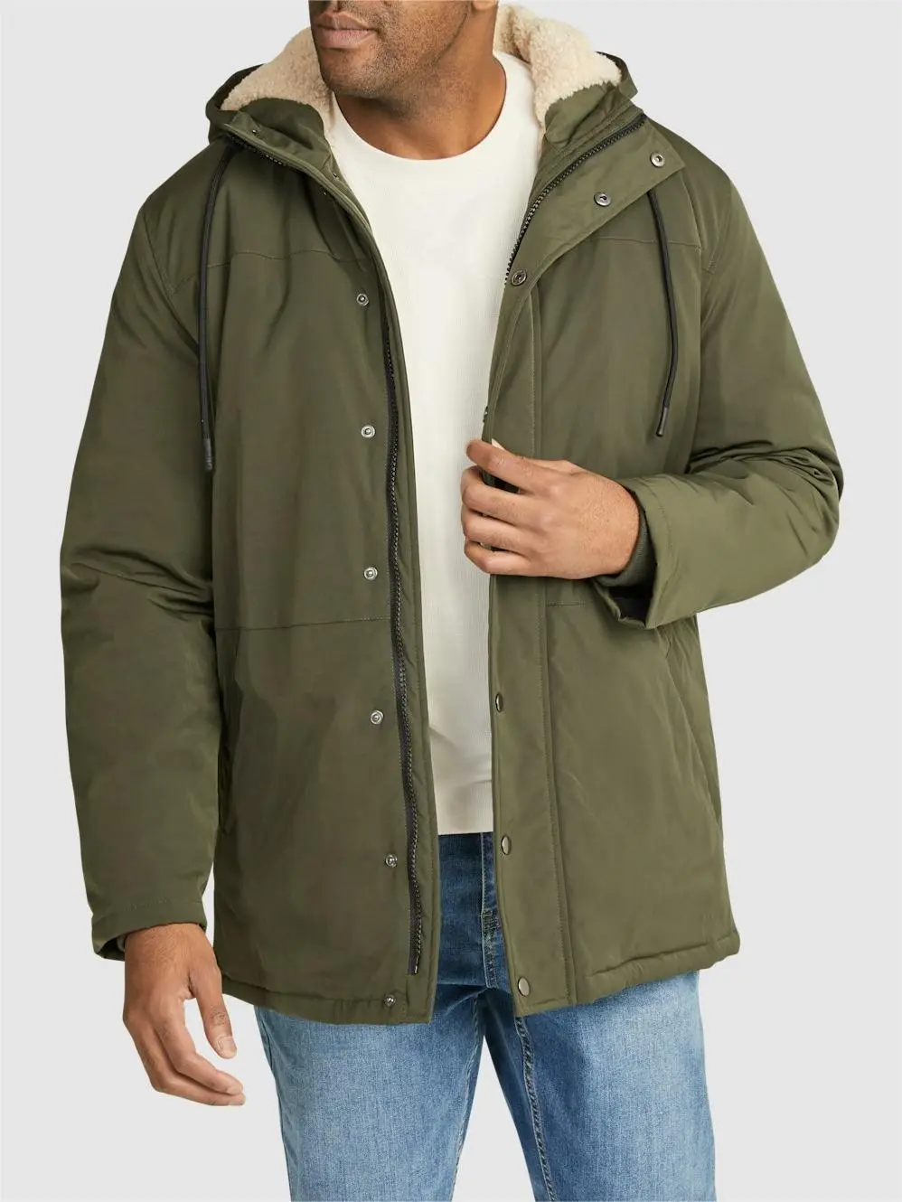 OLIVE GREEN HOODED PARKA WITH SHERPA LINING FOR COLD WEATHER
