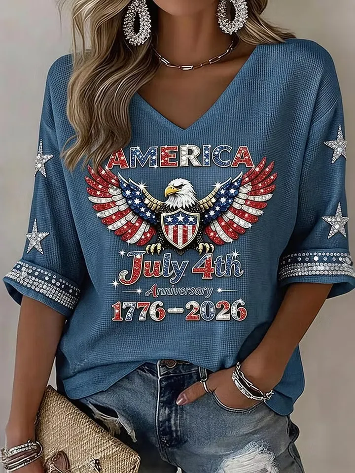 Ladies' Casual American Independence Day Sequin Cross Floral Embroidery Personalized Print V-Neck Mid Sleeve Top